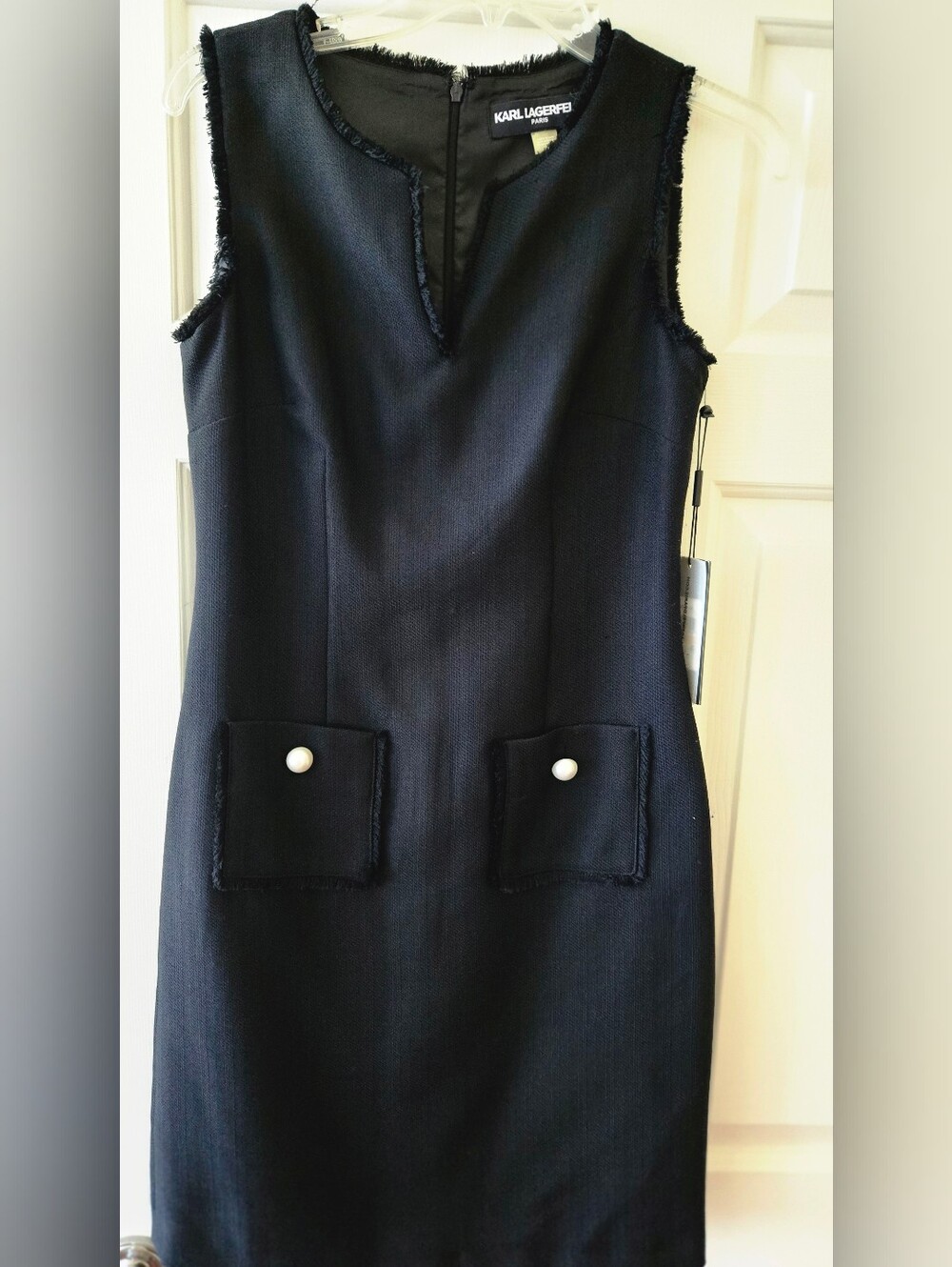 Karl Lagerfeld Black Sleeveless Midi Shift Dress with Pearl Pocket Buttons